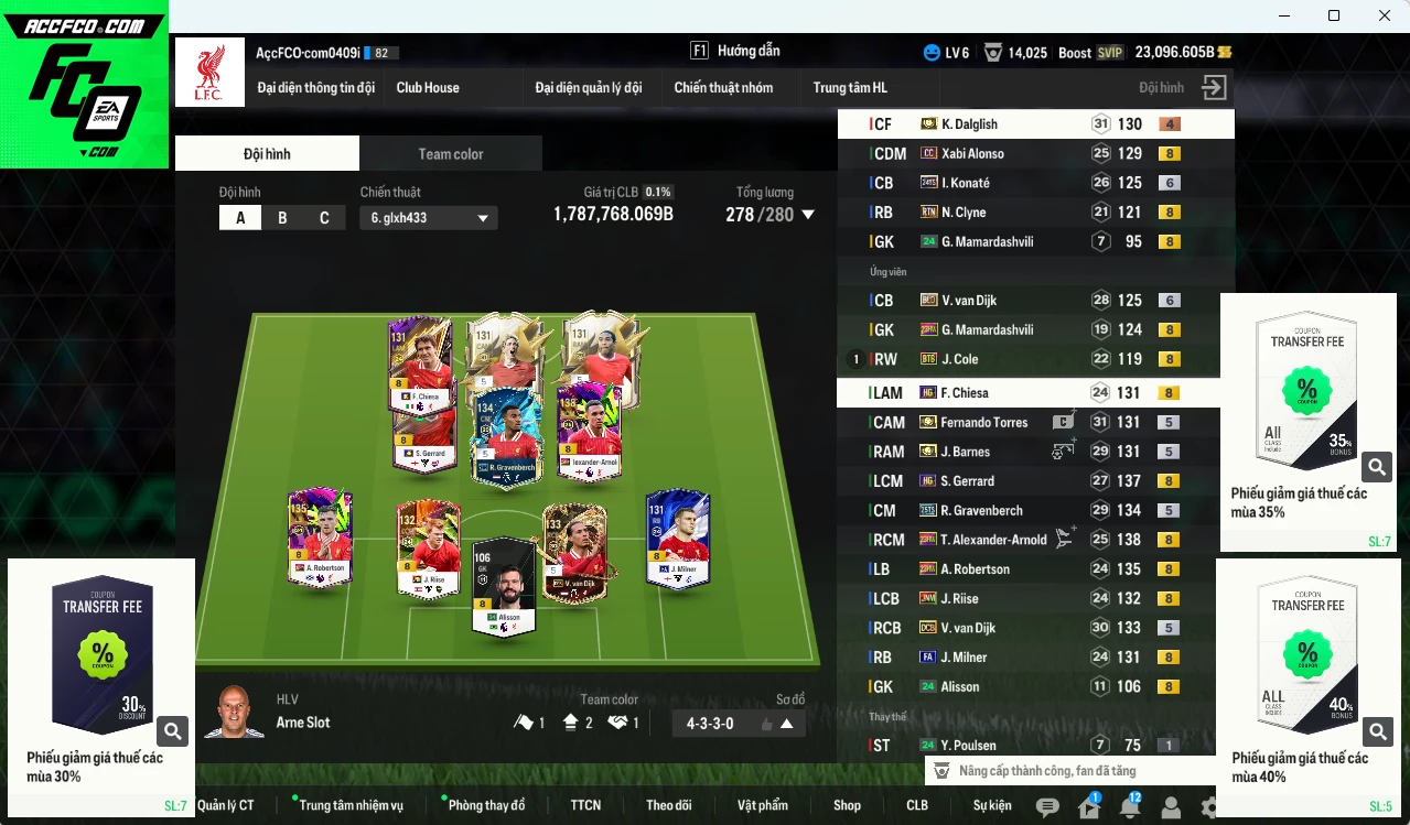 [ACC Rẻ🔥] Liverpool 1.787.760b dư 23.000b có Torres ITM+5, Gravenberch 25TS, Arnold 23HW, Gerrard HG, Alonso CC, Van Dijk DCB, Barnes ITM+5, Konaté 24TS+6, Dalglish ITM+4, Riise JNM,  Robertson 23HW... Còn nhiều CP GIẢM THUẾ